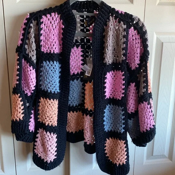 SAACHI NWT Vintage Inspired Boho Granny Square Knit Cardigan Sweater size O/S - Picture 9 of 17